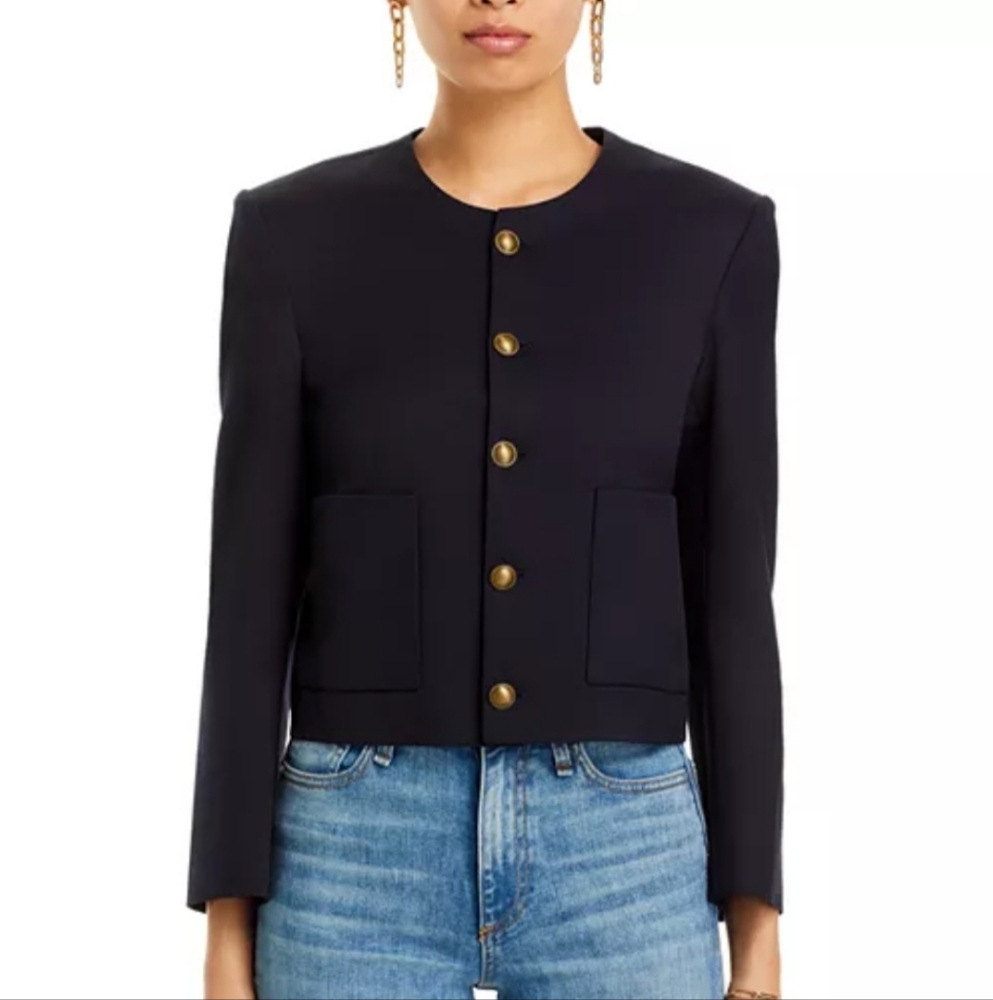 FRAME Button Front Cropped Wool Blend Jacket In Navy Size Small - Picture 2 of 16